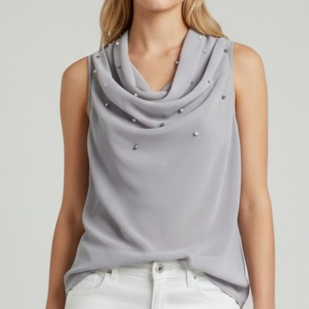 RW&CO. Gray Sleeveless Slouch Collar Top with Multitonal Pearl Beads